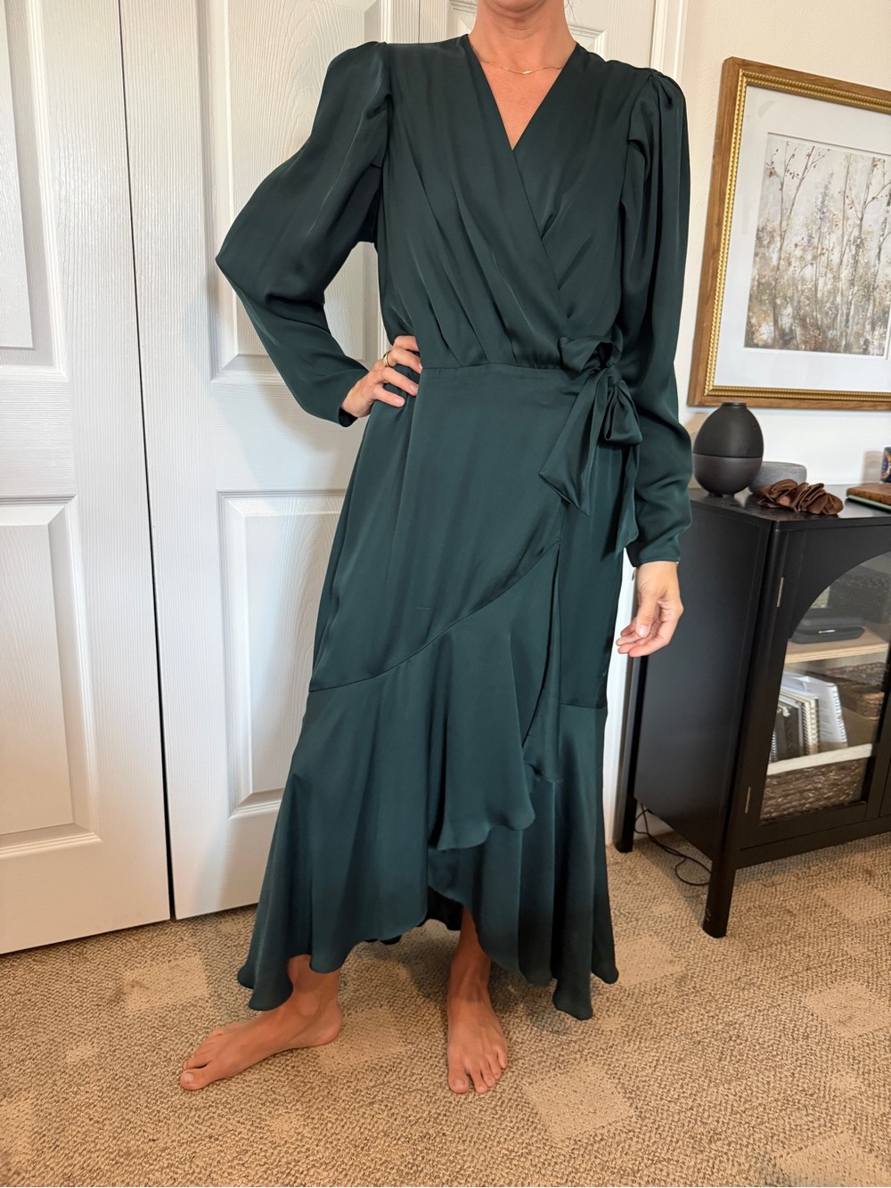 Express Deep Green Wrap Maxi Dress with Tie Waist